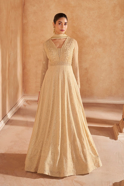 Cream Real Georgette Sequence Worked Indian Festival & Wedding Function Wear Anarkali Gown