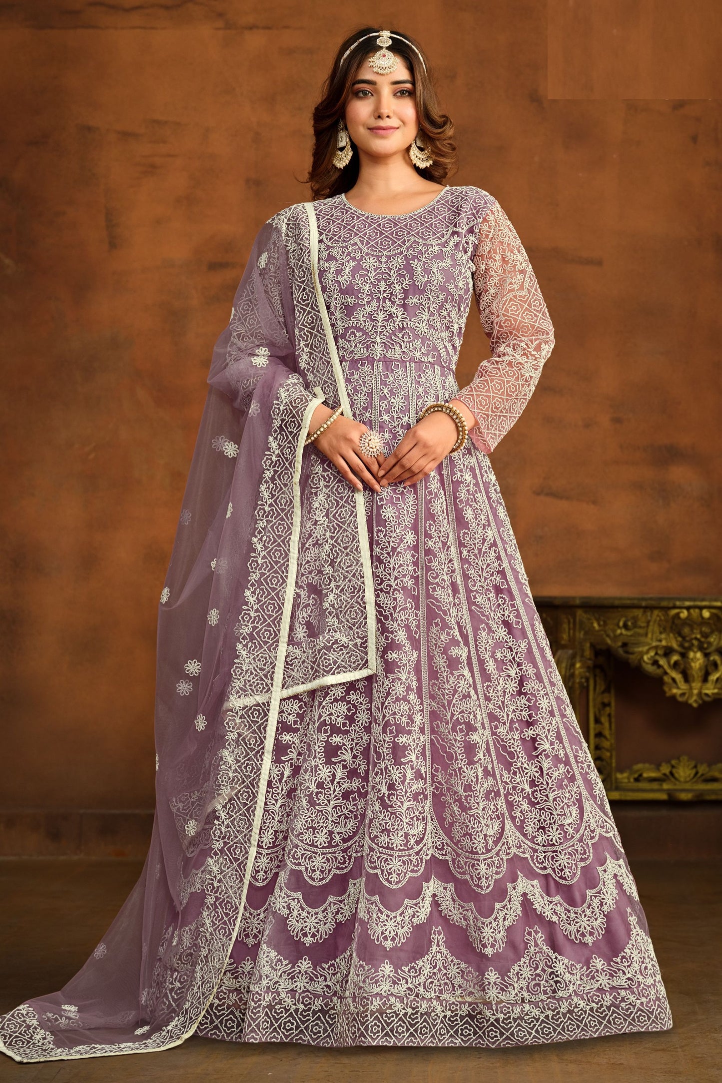 Purple Heavy Net Embroidery Worked Wedding & Function Wear Anarkali Gown