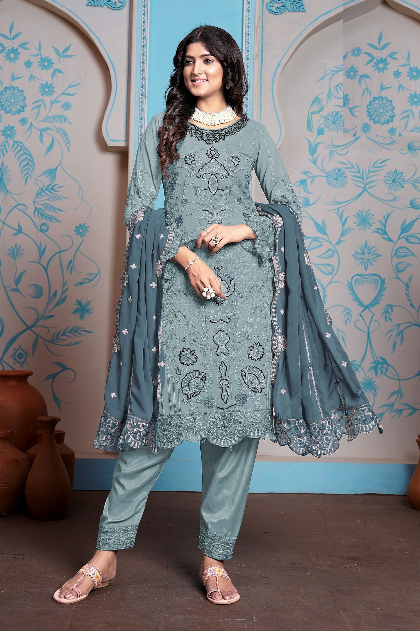 Purple Colored Heavy Faux Georgette Salwar Kameez, Dull Santoon Bottom With Designer Dupatta - Marriott Fashion