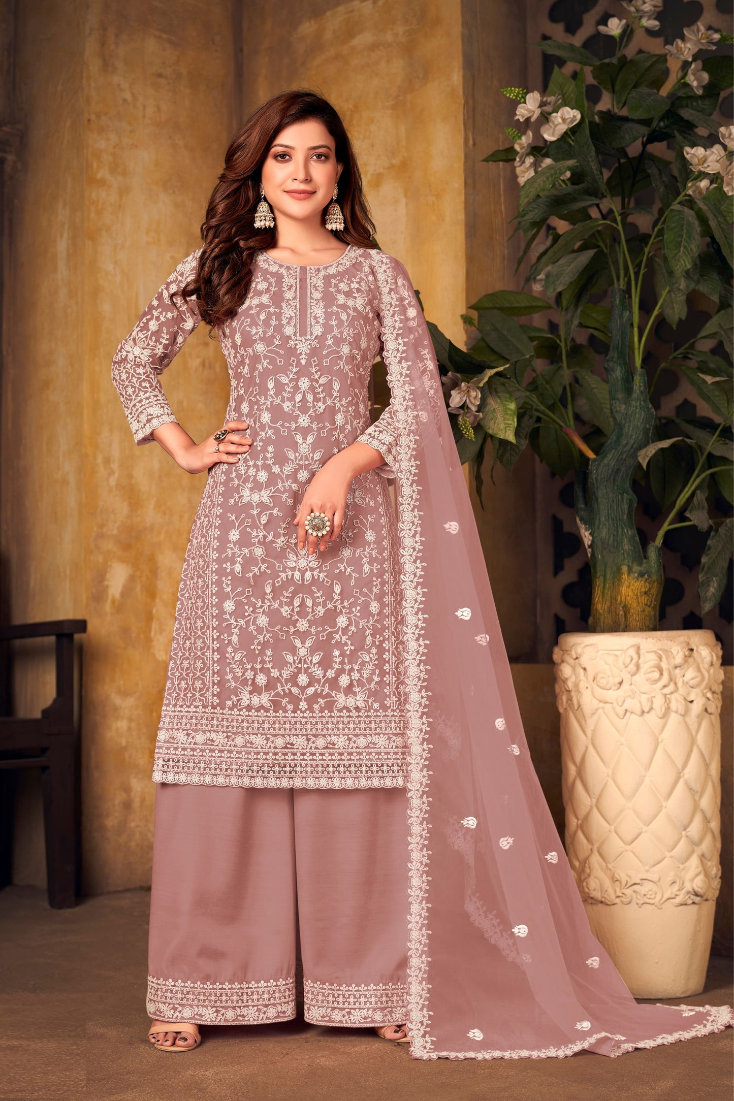 Pink Colored Heavy Net Salwar Kameez With Beautiful Dupatta, Indian Festival Wear Salwar Kameez Dupatta Dresses - Marriott Fashion