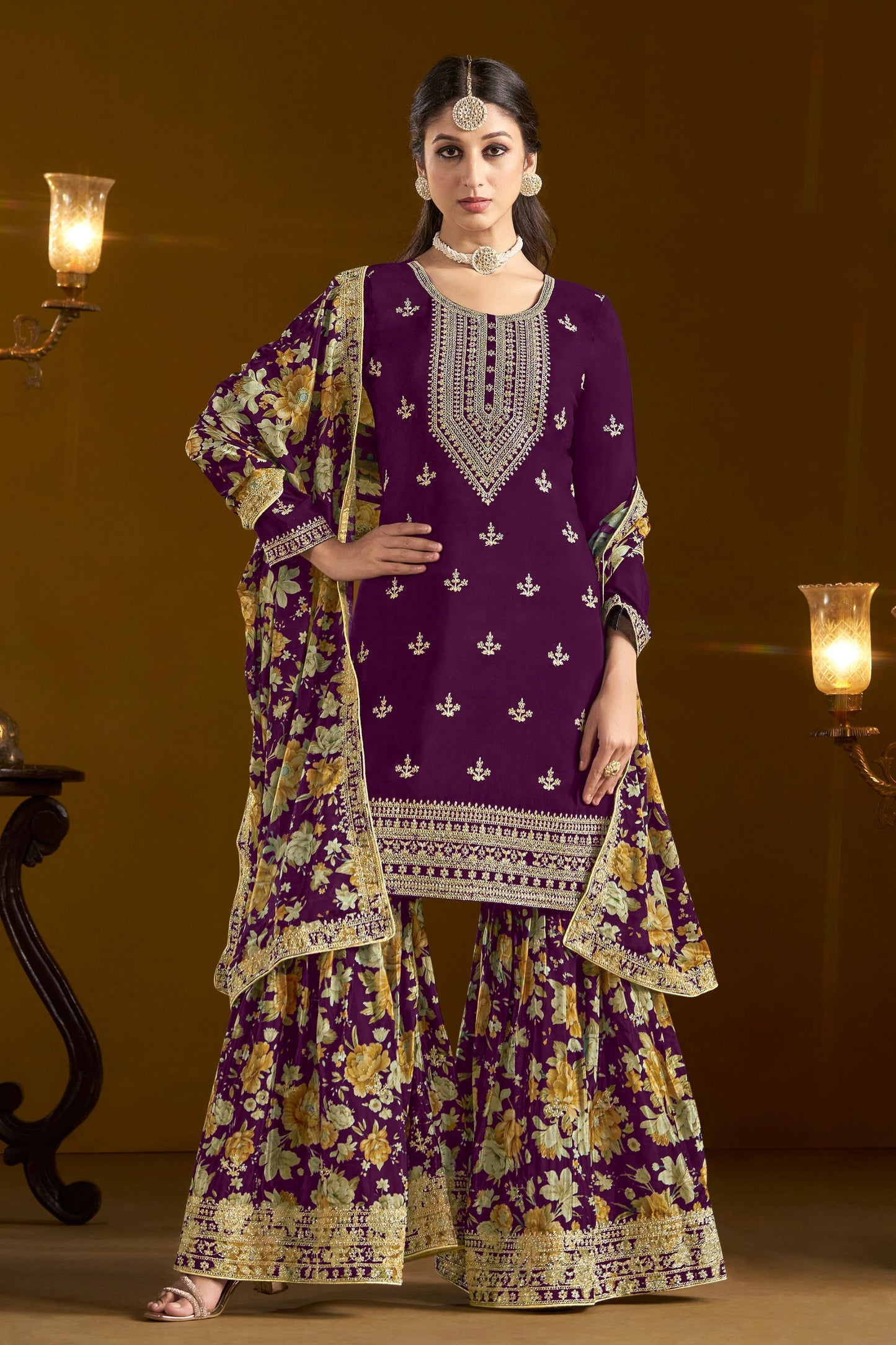 Purple Most Beautiful Chinon Palazzo Suits With Dupatta, Indian festival Wear Embroidery Worked Salwar kameez