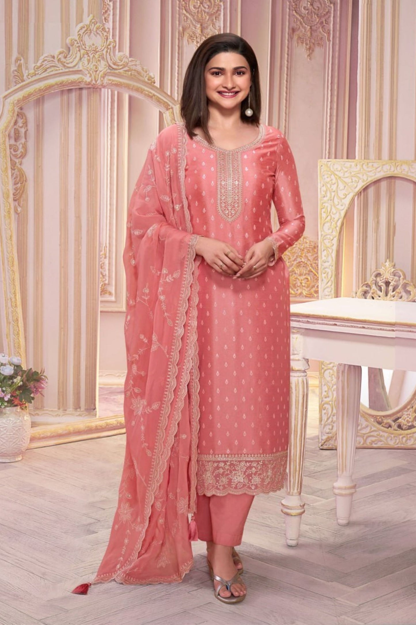 Pink Heavy Silk Sequence And Embroidery Worked Festival Wear Straight Cut Salwar Kameez