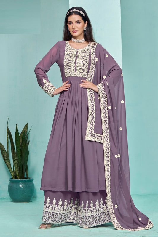 Purple Designer Long Georgette Indian Festival Wear With Beautiful Dupatta Salwar Kameez