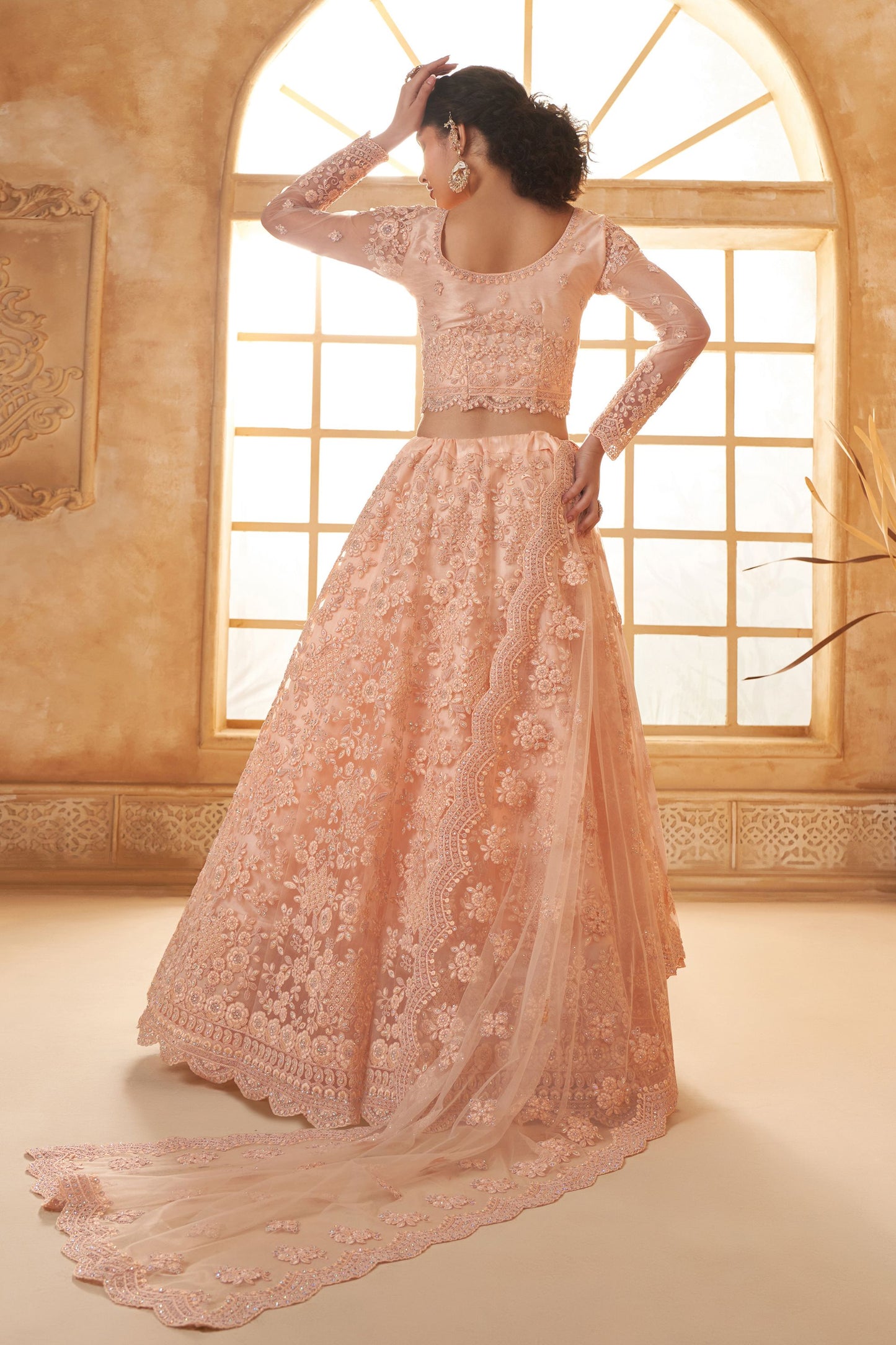 Peach Designer Heavy Net Lehenga Choli With Beautiful Embroidered Dupatta - Marriott Fashion