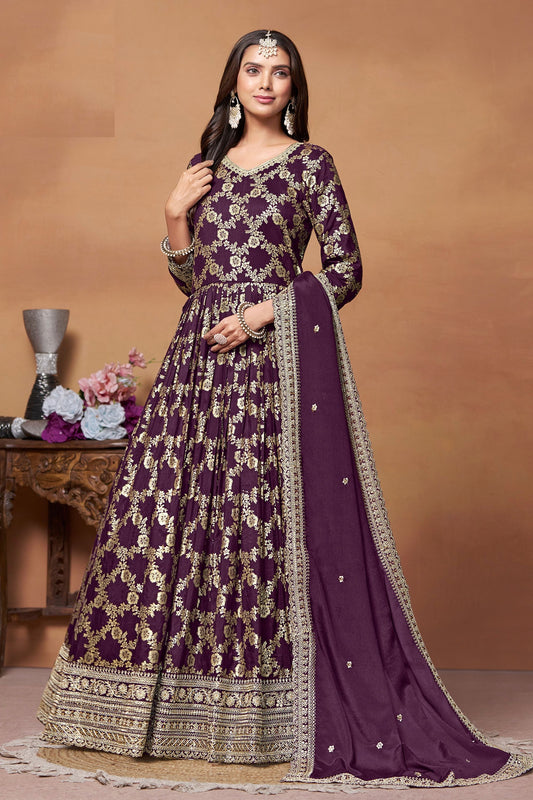 Wine Dola Jacquard Silk Long Embroidery Worked For Indian Festival & Party wear Anarkali Suit