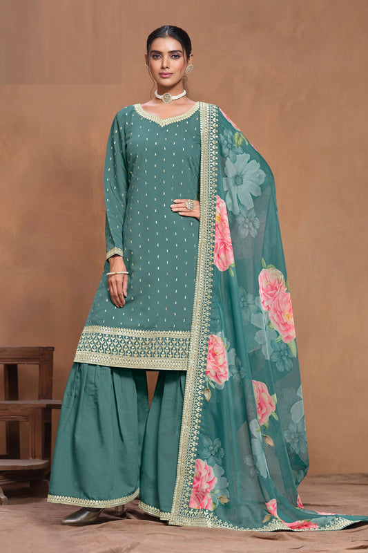 Turquoise Heavy Silk Embroidery Worked Indian Festival Wear Palazzo Suit