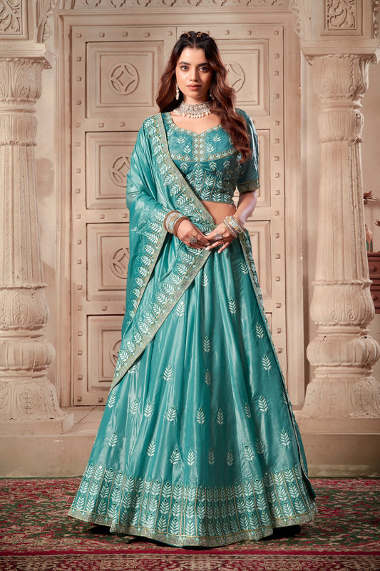 Turquoise Colored Silk Lehenga Choli With Thread And Embroidery Worked Dupatta, Wedding Function Floral Lehenga Choli - Marriott Fashion