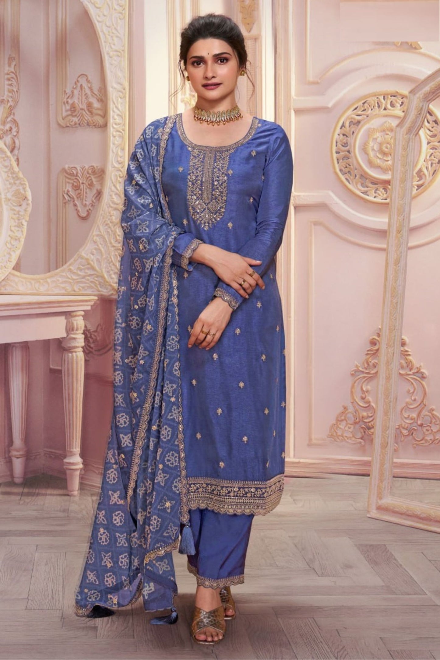 Blue Heavy Silk Georgette Embroidery Worked Festival Wear Beautiful Salwar Kameez