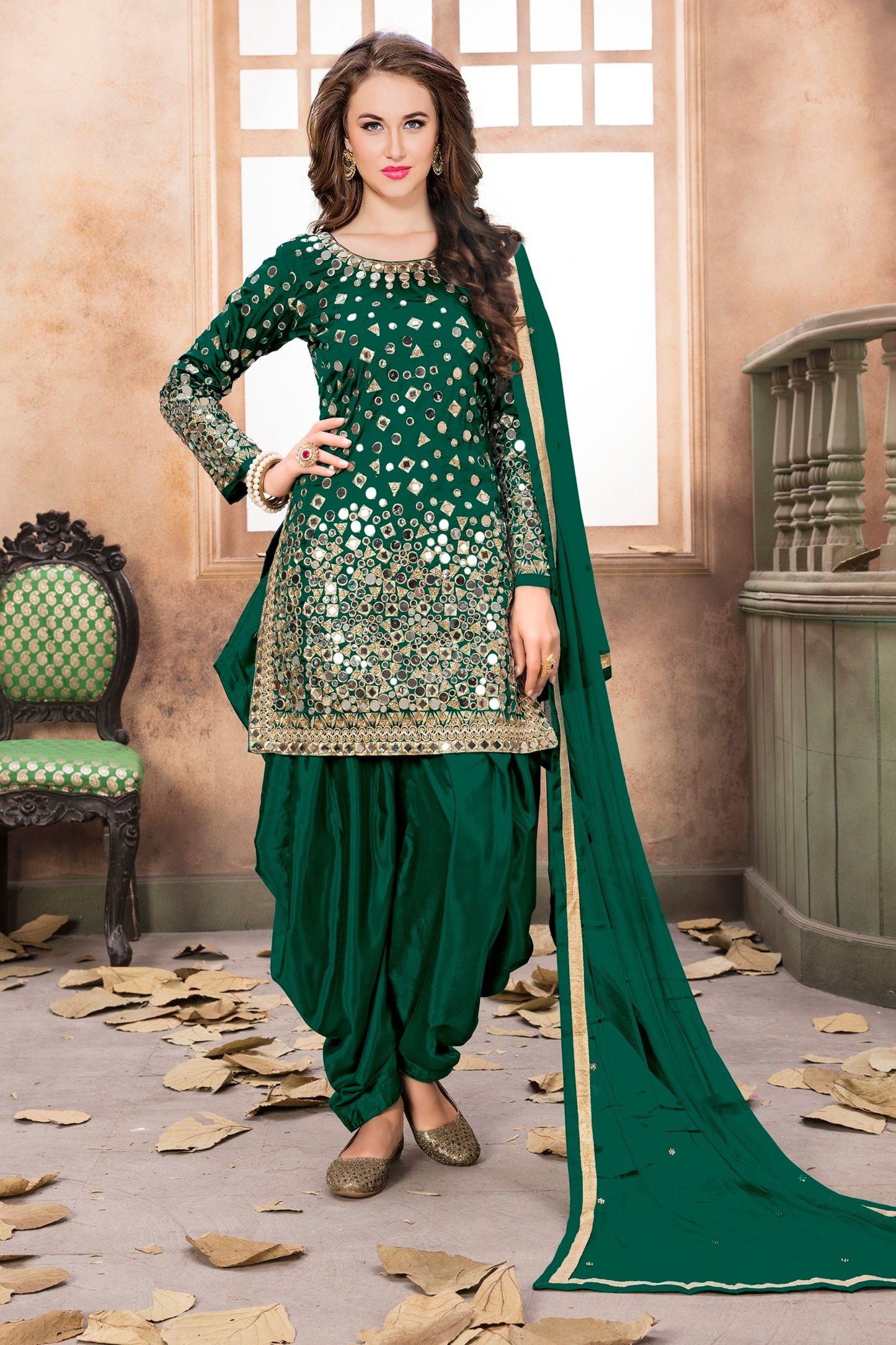 Blue Colored Taffeta Silk Patiyala Suits With Designer Net Dupatta, Heavy Mirror Worked Punjabi Dresses - Marriott Fashion