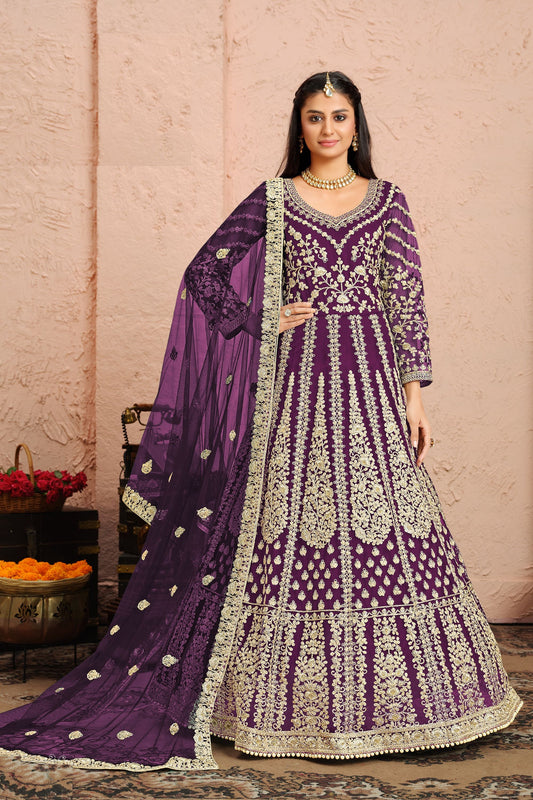 Purple Heavy Net Embroidery Worked Pakistani Wedding & Festival Wear Anarkali Gown