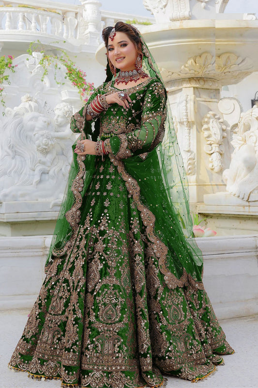 Green Colored Heavy Velvet Lehenga Choli With Beautiful Net Dupatta, Wedding Function Wear Bridesmaid Lehenga Choli