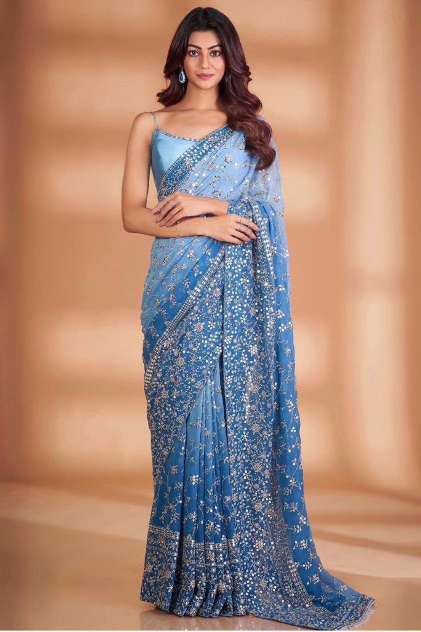 Blue Designer Georgette Sequence Worked Party Wear Saree