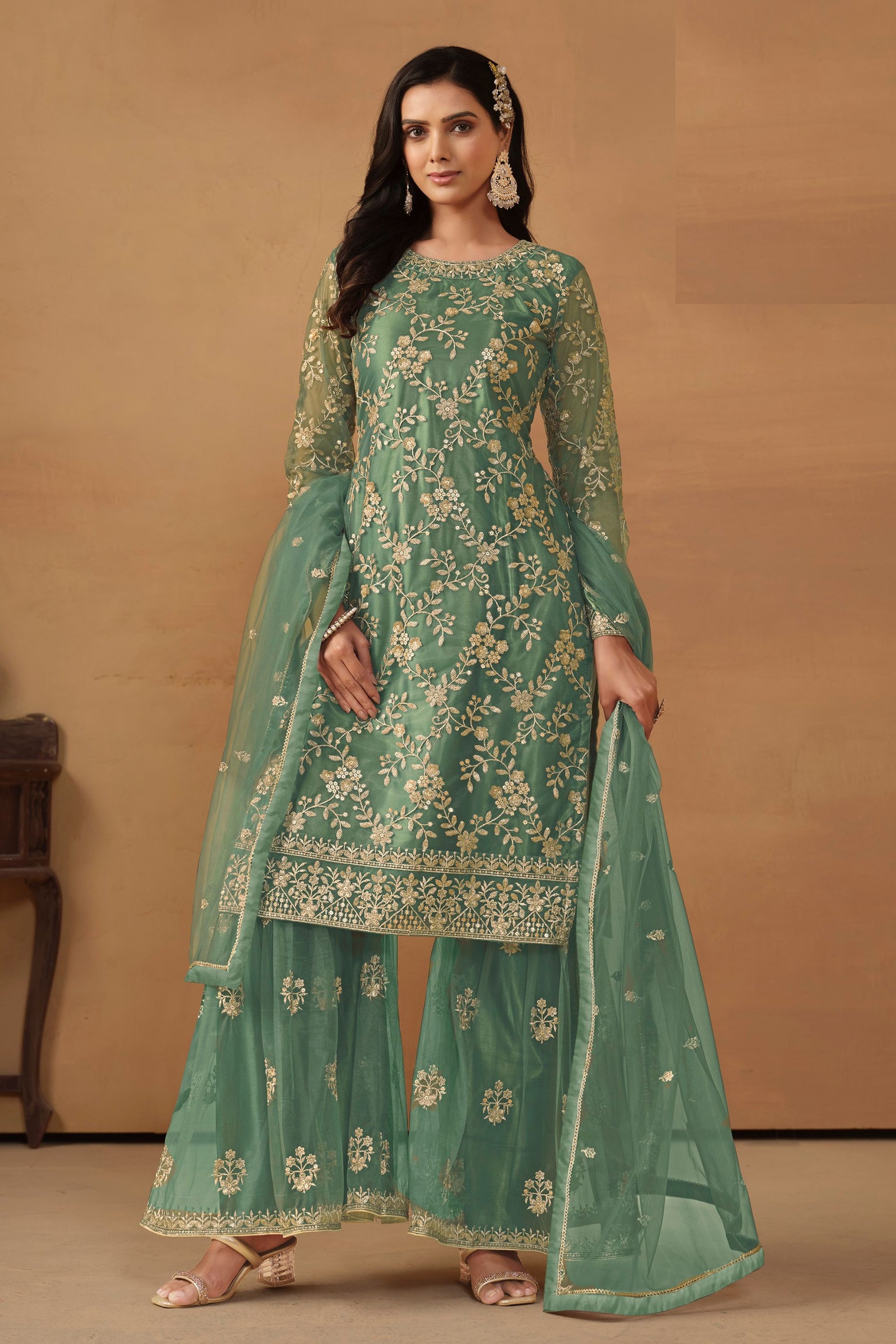 Pista Green Colored Heavy Net Sharara Suit With Beautiful Dupatta, Pakistani Outfit - Marriott Fashion