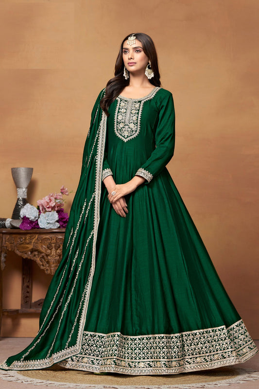 Green Colored Heavy Silk Salwar Kameez With Embroidered Dupatta, Festival & Wedding Wear Long Dresses - Marriott Fashion