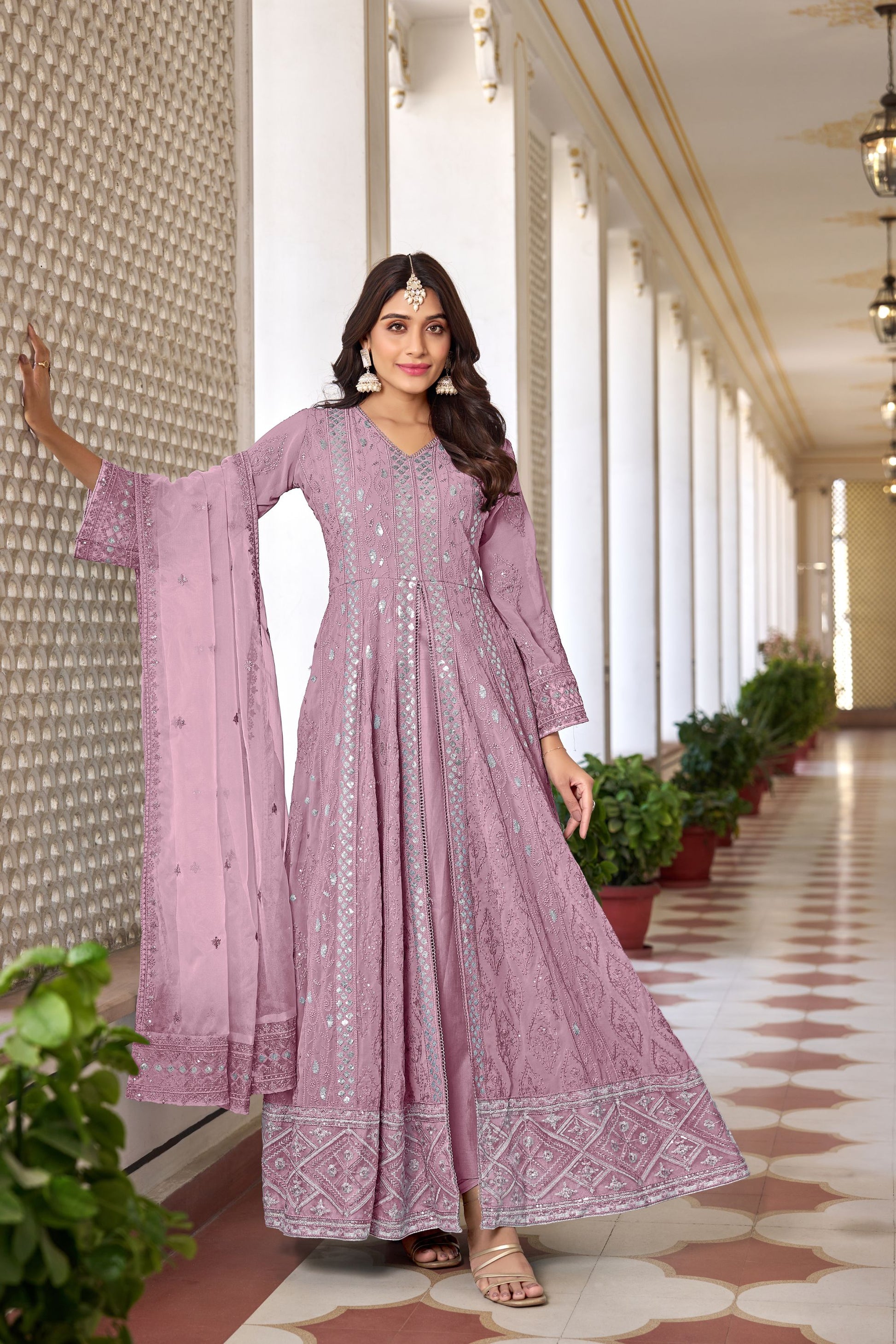 Pink Colored Faux Georgette Slit Style Salwar Kameez, Dull Santoon Bottom With Organza Dupatta - Marriott Fashion