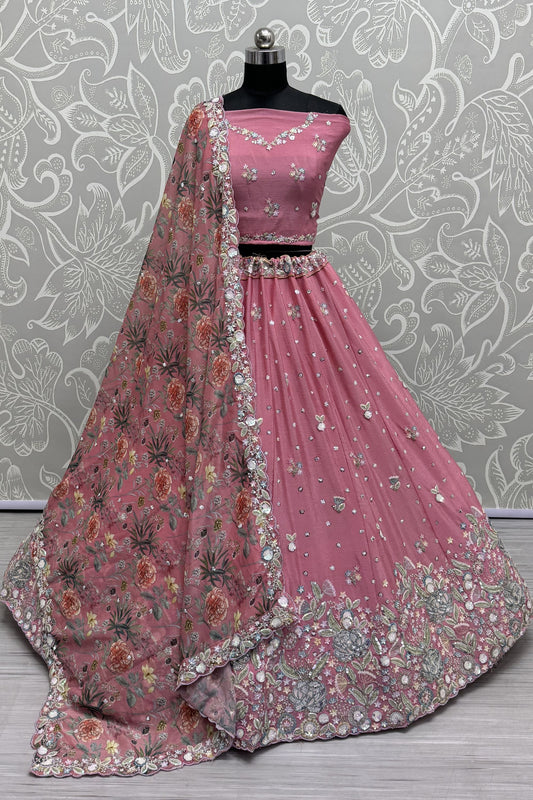 Pink Colored Heavy Chinon Lehenga Choli, Designer Blouse Piece With Printed Worked Georgette Dupatta