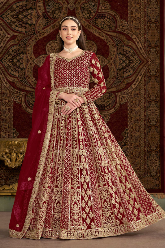 Marron Heavy Net Wonderful Embroidery Worked Pakistani Wedding Wear Anarkali Gown