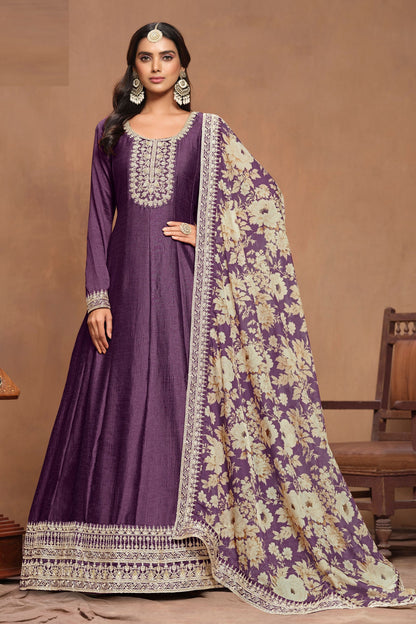 Purple Art Silk Thread &Embroidery Work For Indian Wedding & Festival Wear Long Dresses