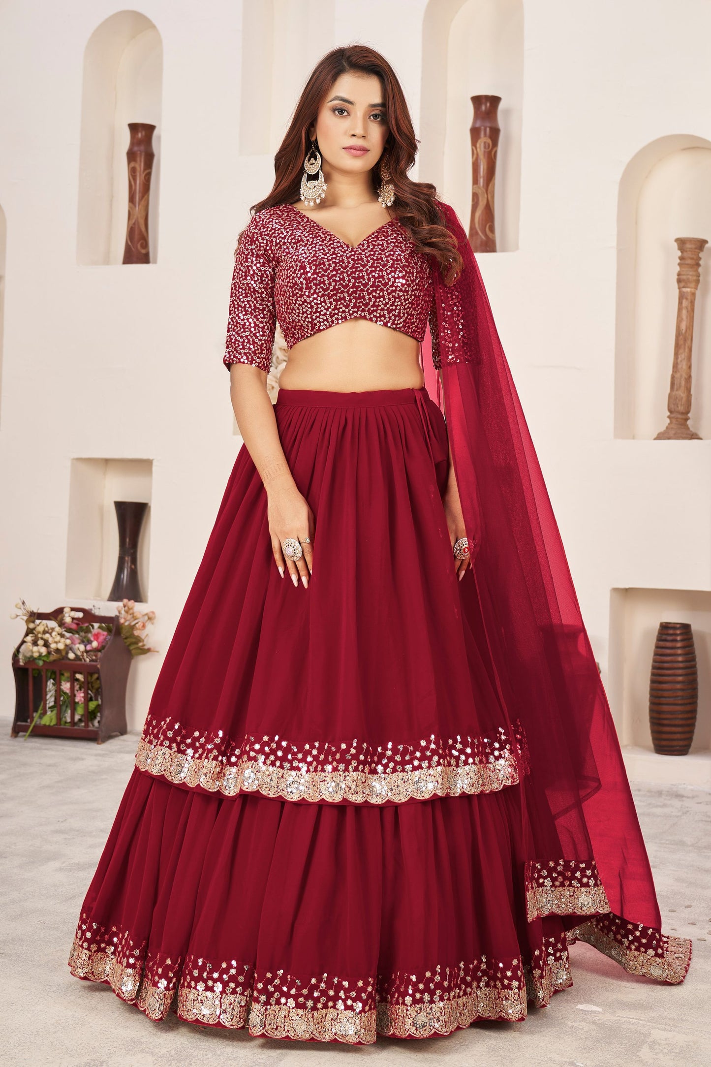 Attractive Red Colored Floral Lehenga Choli In Heavy Georgette With Designer Blouse And Net Dupatta - Marriott Fashion