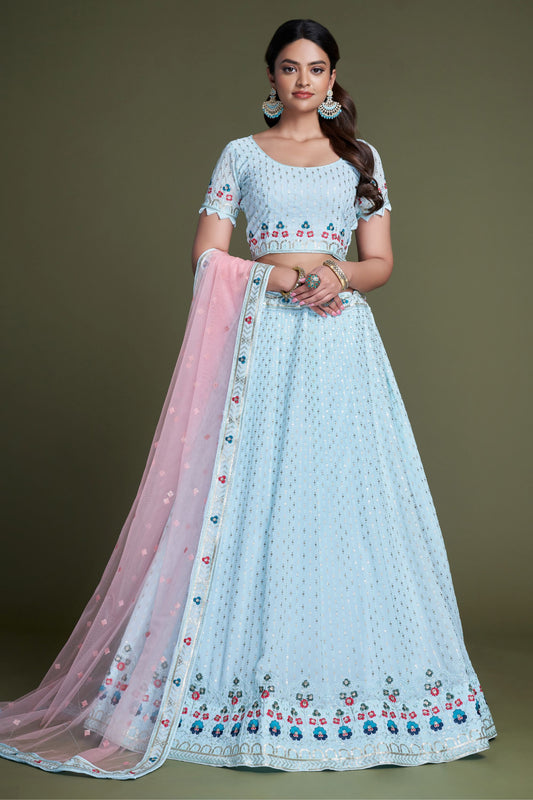 Blue Colored Wonderful Collection Wear Georgette Lehenga Choli With Designer Dupatta - Marriott Fashion