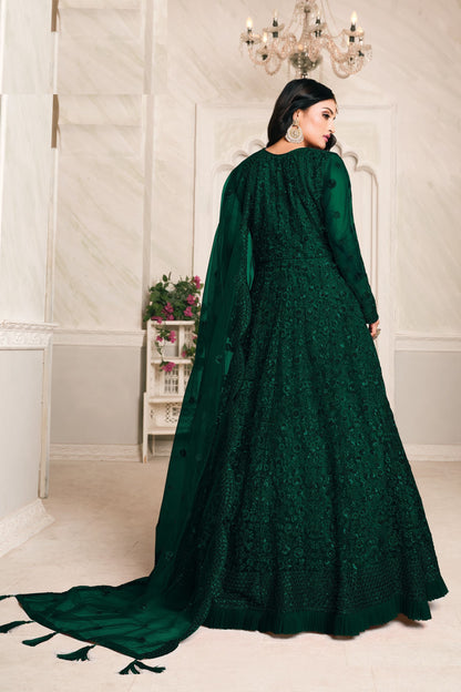 Attractive Green Heavy Net Embroidery Worked Wedding & Festival Wear Anarkali Gown