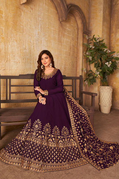 Purple Heavy Georgette Embroidery Worked Wedding & Festival Wear Anarkali Gown