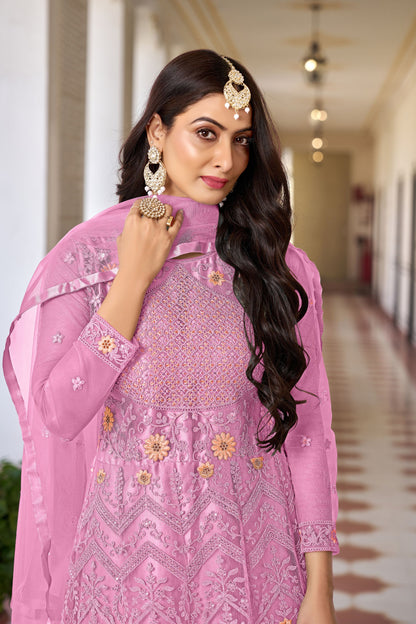 Pink Colored Butterfly Net Anarkali Gown Suit, Satin Bottom With Designer Dupatta - Marriott Fashion