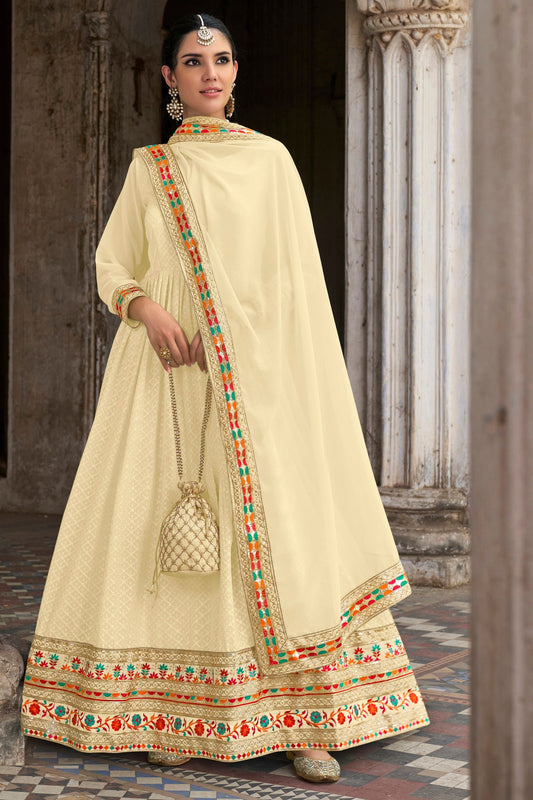 Gorgeous Off White Real Georgette Heavy Embroidery Worked Festival Wear Anarkali Gown