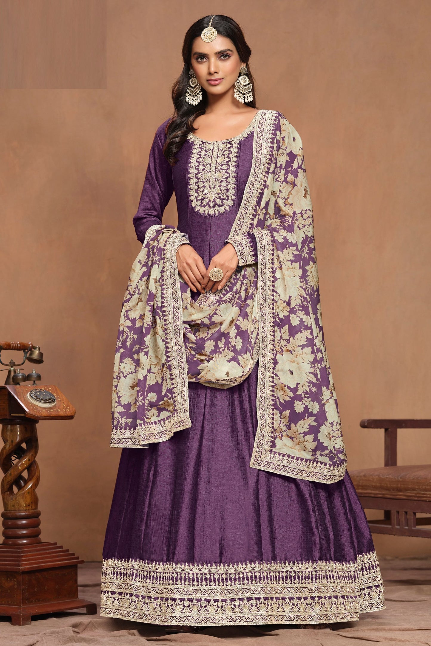 Purple Art Silk Thread &Embroidery Work For Indian Wedding & Festival Wear Long Dresses