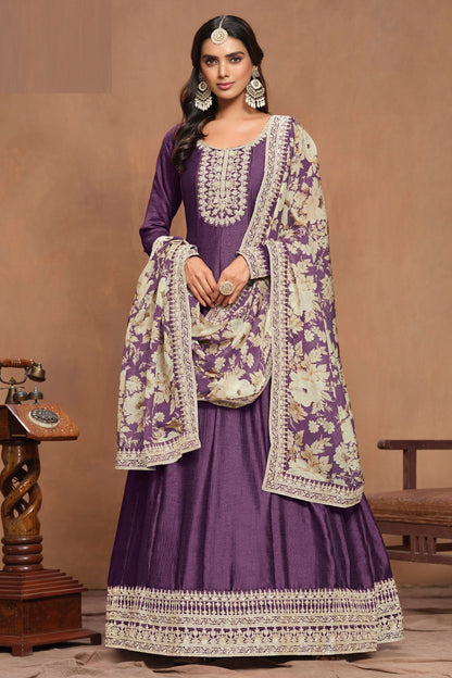 Purple Art Silk Thread &Embroidery Work For Indian Wedding & Festival Wear Long Dresses