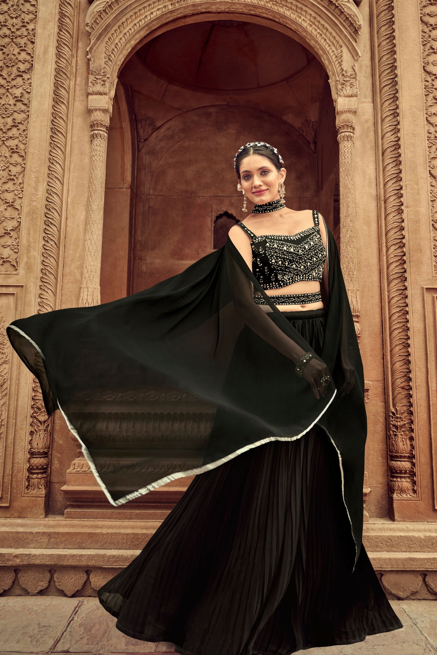 Black Faux Georgette Embroidery Worked Wedding Wear Ready Made Lehenga Choli