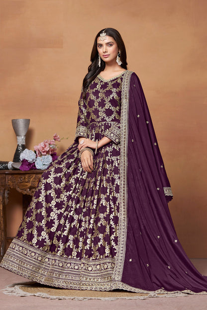 Wine Dola Jacquard Silk Long Embroidery Worked For Indian Festival & Party wear Anarkali Suit