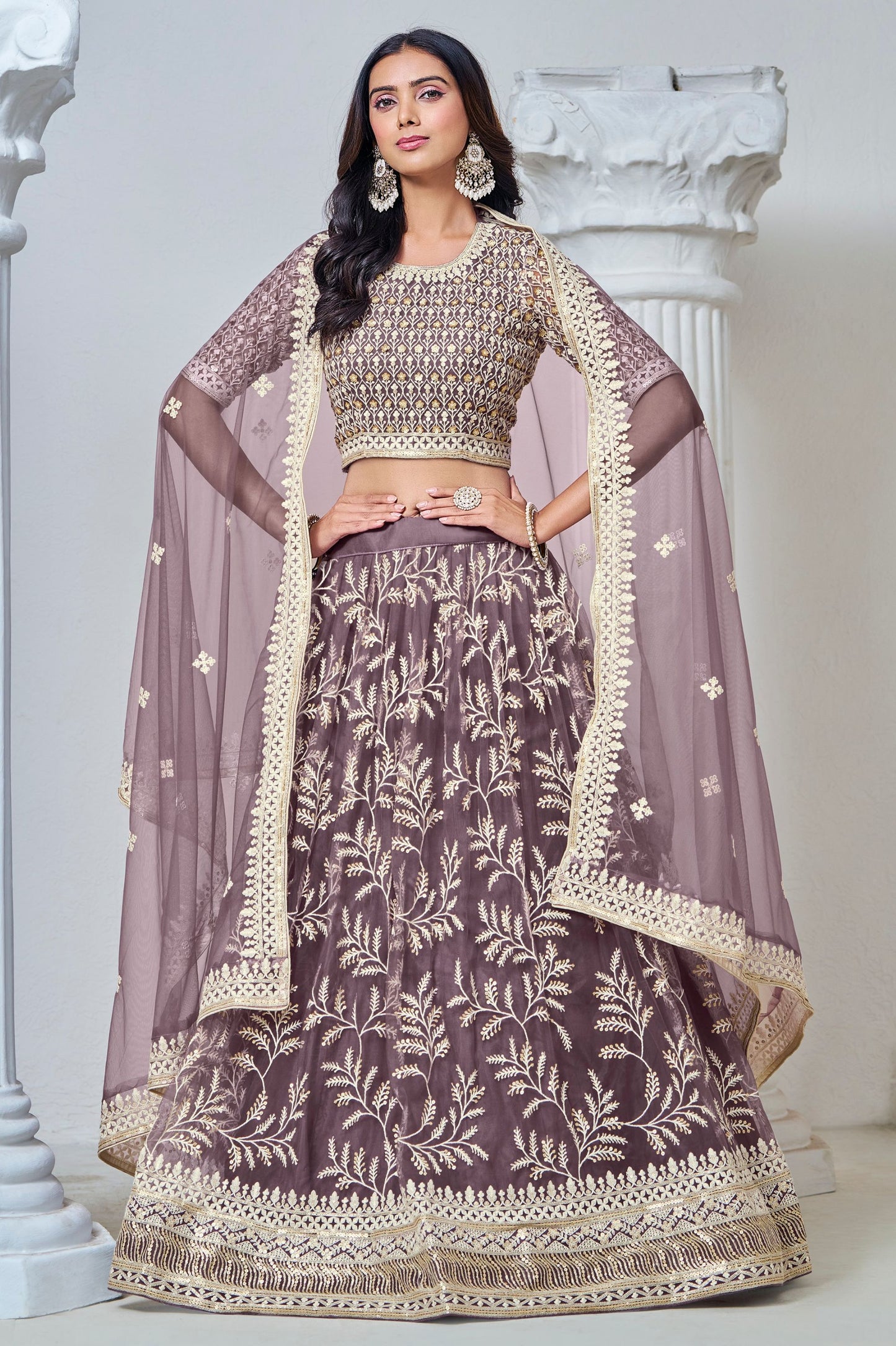 Beautiful Purple Heavy Net Thread Worked Wedding Wear Lehenga Choli