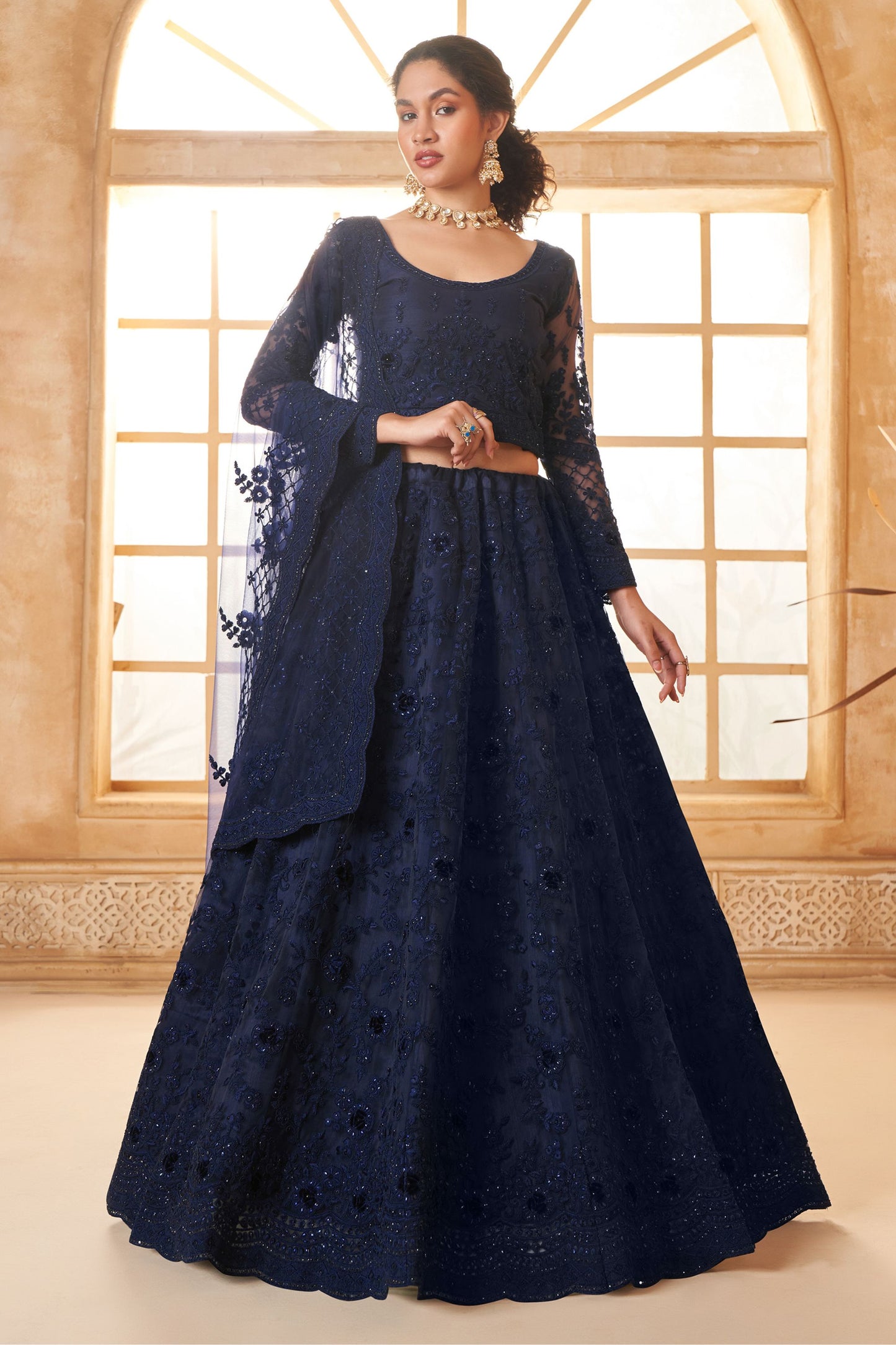 Blue Colored Fancy Net Lehenga Choli With Stone Worked Blouse And Designer Net Dupatta - Marriott Fashion