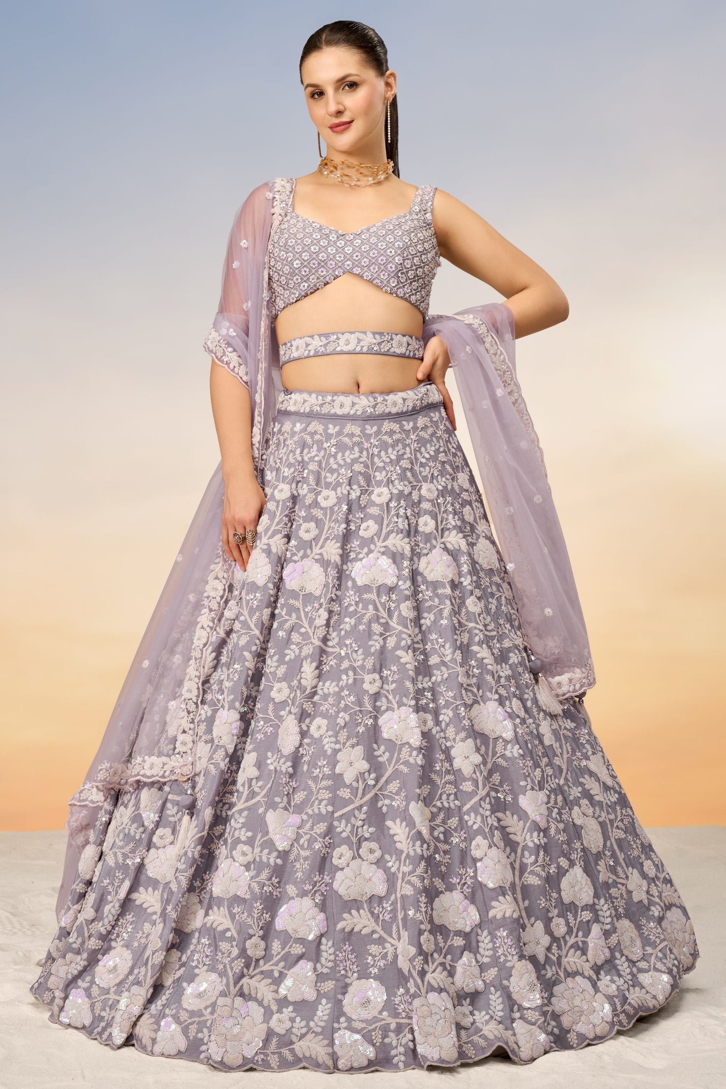 Purple Poly Georgette Stone Worked Engagement Wear Lehenga Choli