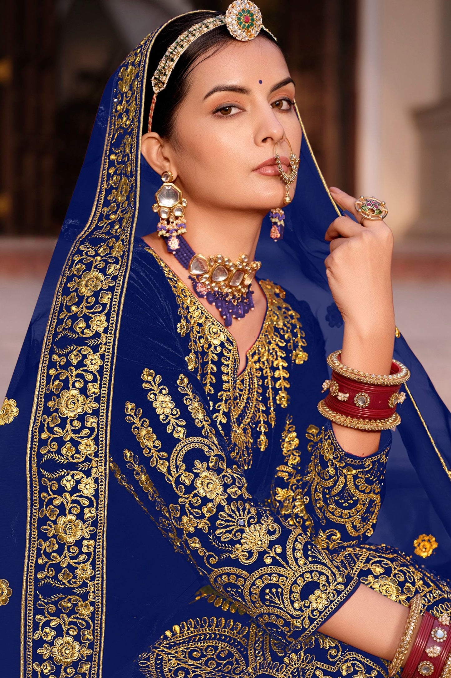 Blue 9000 Velvet Embroidery Worked Wedding Reception Party Wear Anarkali Gown