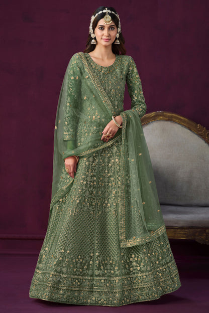 Green Heavy Net Embroidery Worked Pakistani Festival & Wedding Wear Anarkali Gown