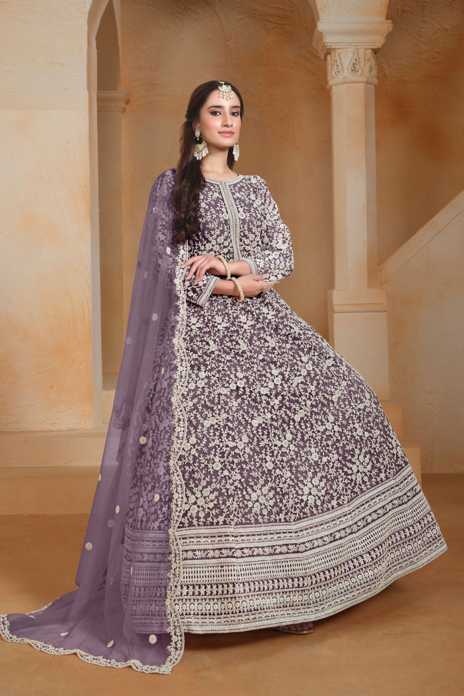 Bridal Wear Purple Colored Heavy Net Anarkali Gown, Wedding & Reception Outfit Wear Pakistani Salwar Kameez - Marriott Fashion