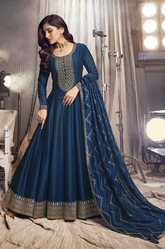 Blue Premium Silk Embroidery And Sequence Worked Festival Wear Anarkali Gown