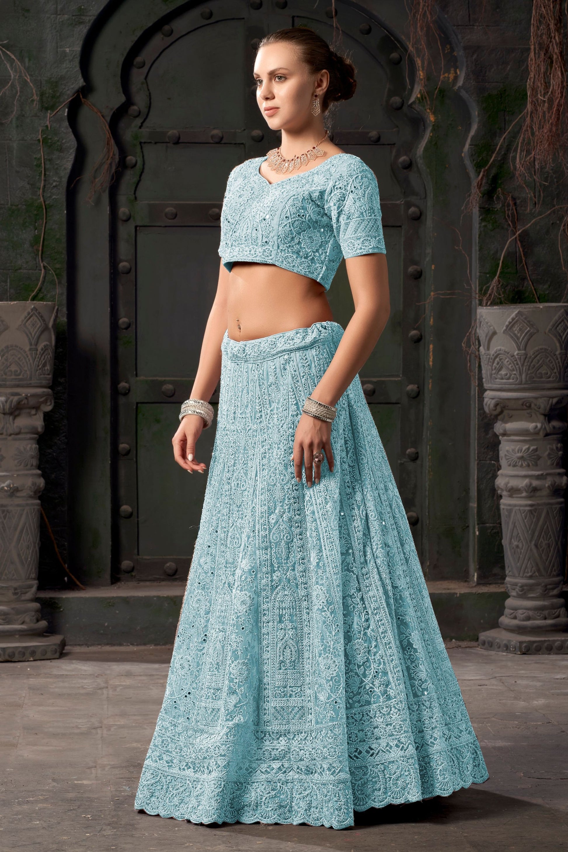 Sky Blue Colored Fancy Lehenga Choli With Embroidery And Diamond Worked Dupatta, Wedding Wear Lehenga Choli - Marriott Fashion