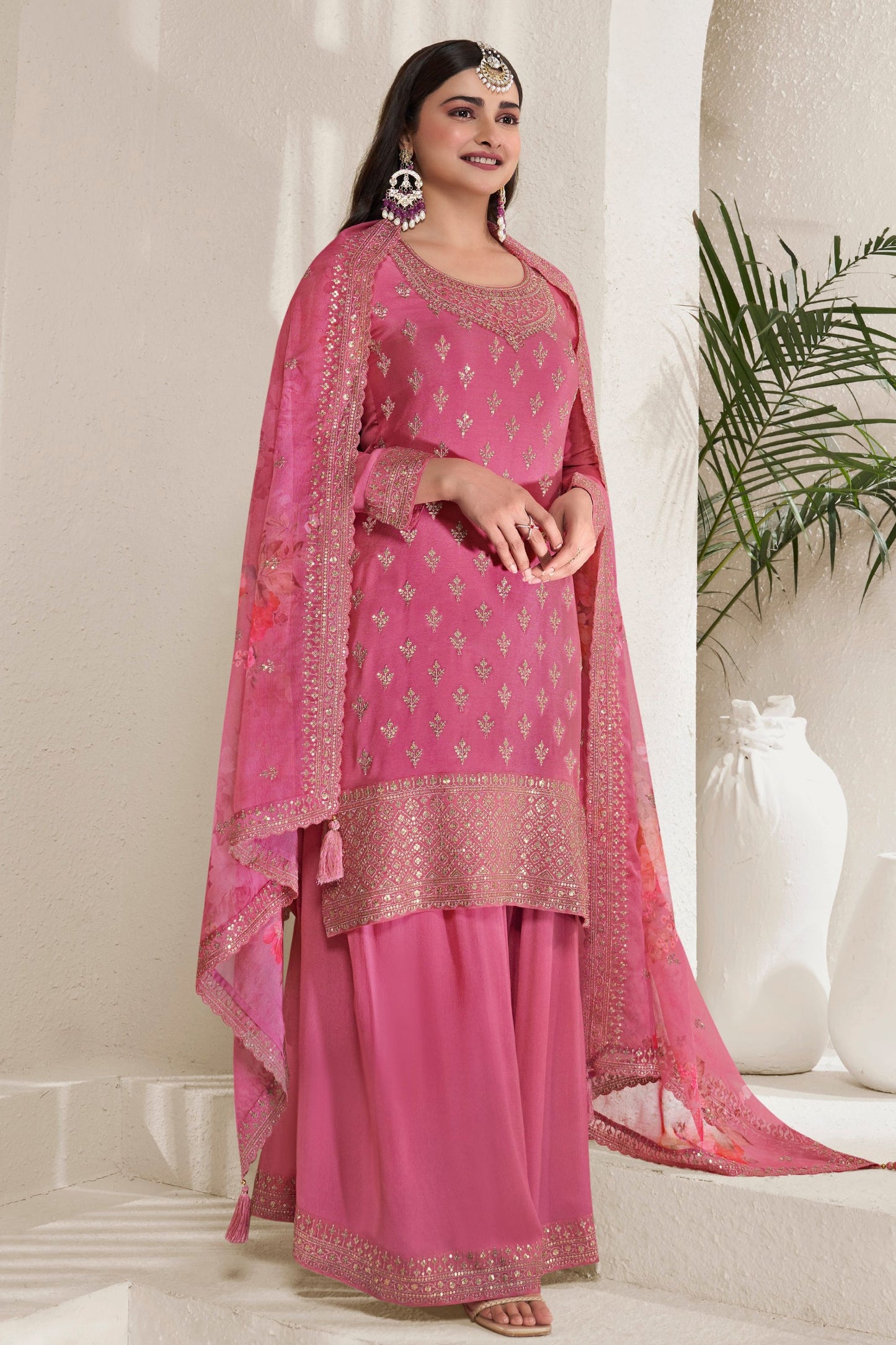 Pink Colored Chinon Salwar Suit, Same Colored Palazzo With Beautiful Dupatta , Embroidery And Multi Thread Worked Dresses - Marriott Fashion