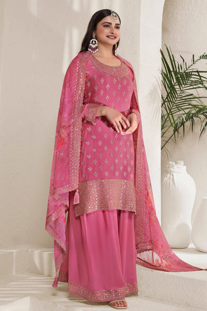 Pink Colored Chinon Salwar Suit, Same Colored Palazzo With Beautiful Dupatta , Embroidery And Multi Thread Worked Dresses - Marriott Fashion