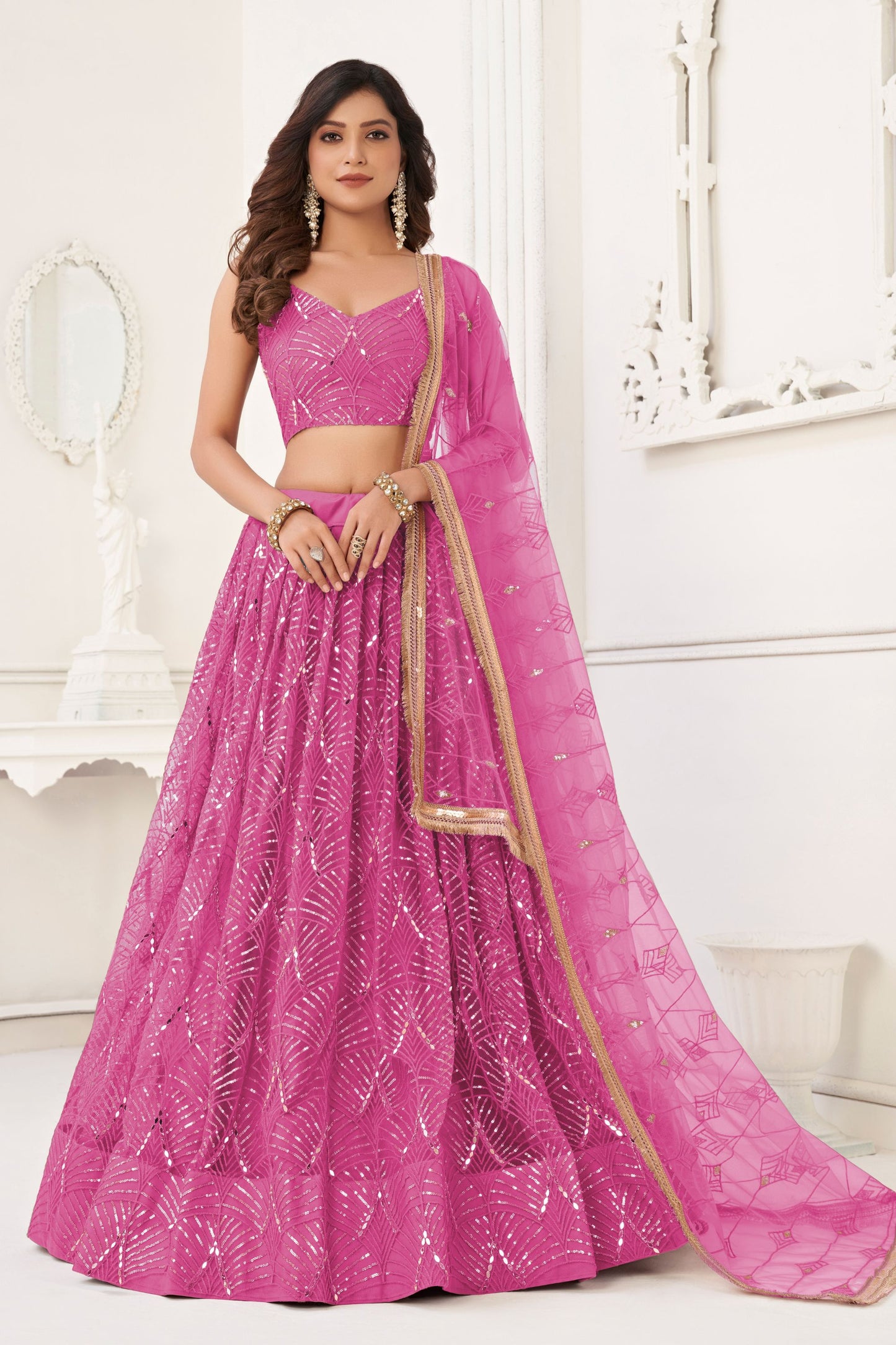 Pink Heavy Net Thread & Embroidery Worked Wedding Function Wear Lehenga Choli