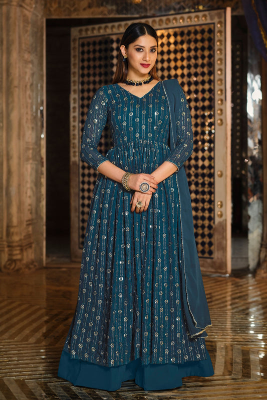 Blue Real Georgette Embroidery Worked Wedding Wear Slit Style Anarkali Gown