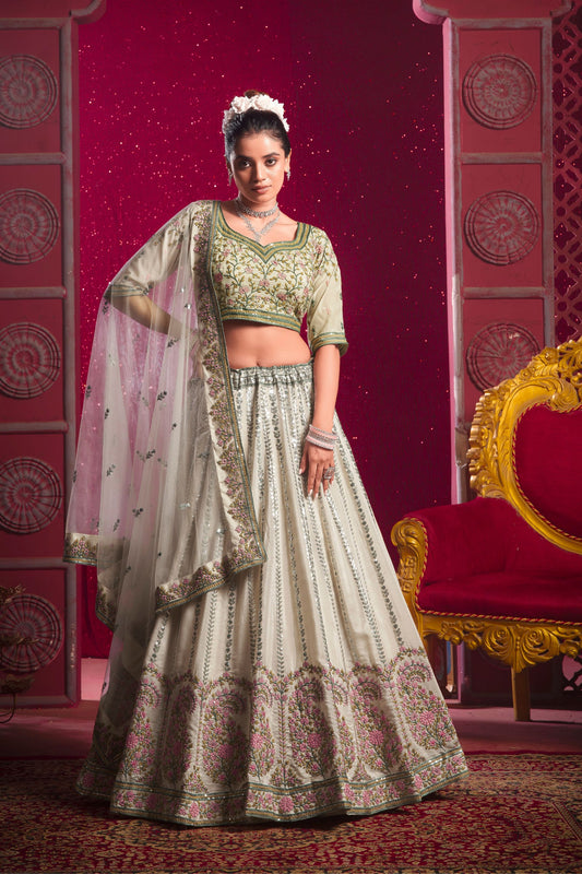 Green Colored Heavy Shine Silk Lehenga With Pure Net Dupatta, Engagement Outfit Wear Lehenga Choli For Women - Marriott Fashion