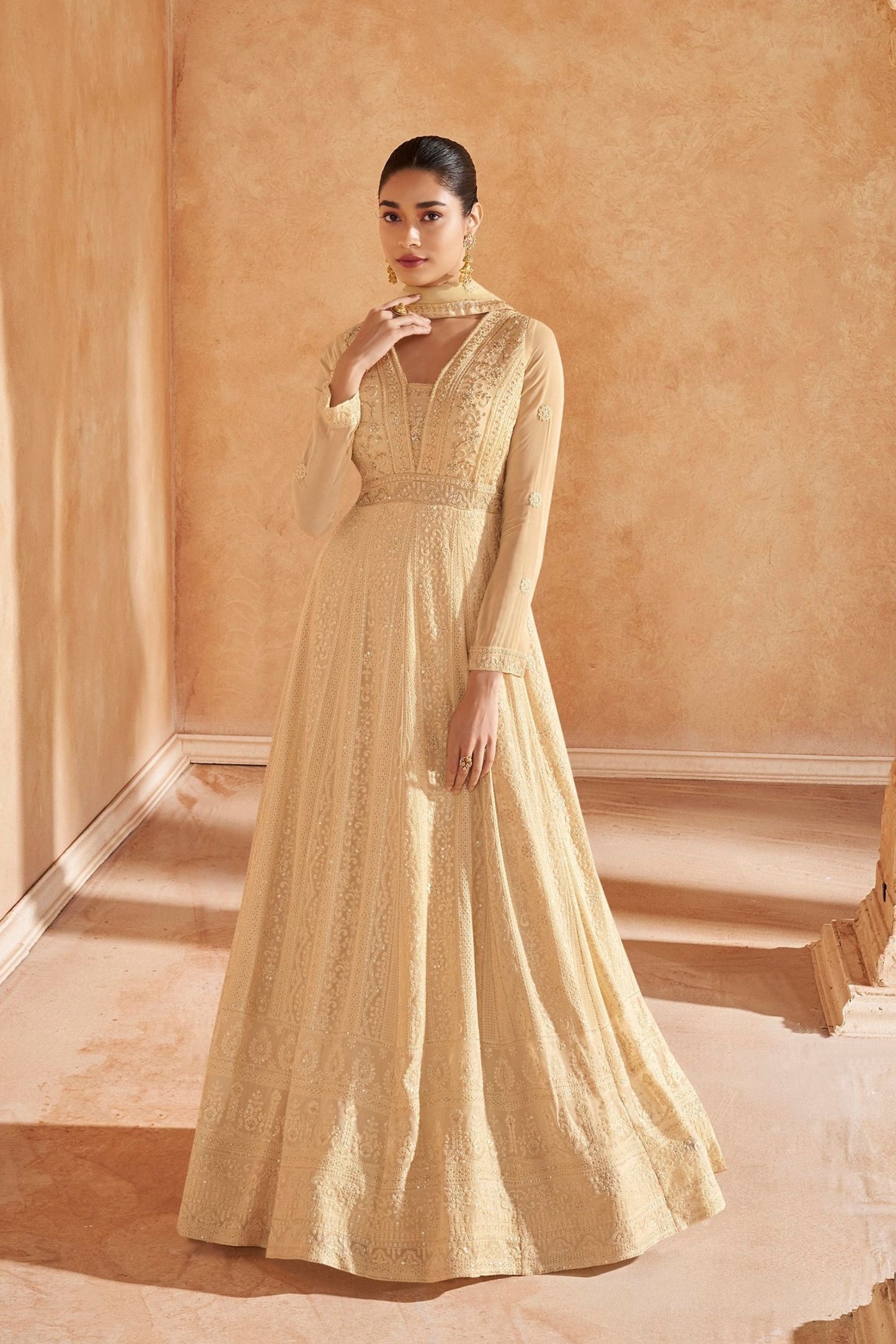 Cream Real Georgette Sequence Worked Indian Festival & Wedding Function Wear Anarkali Gown