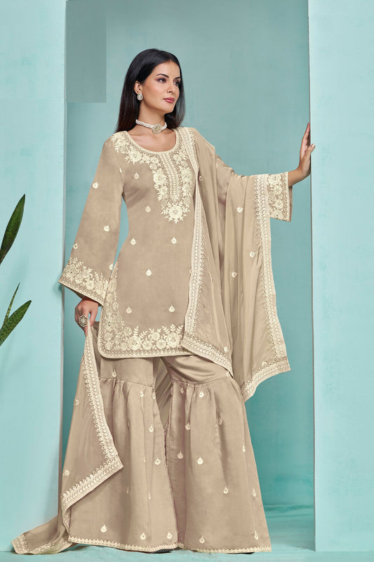 Beige Colored Heavy Silk Salwar Suits, Santool Bottom With Organza Dupatta - Marriott Fashion