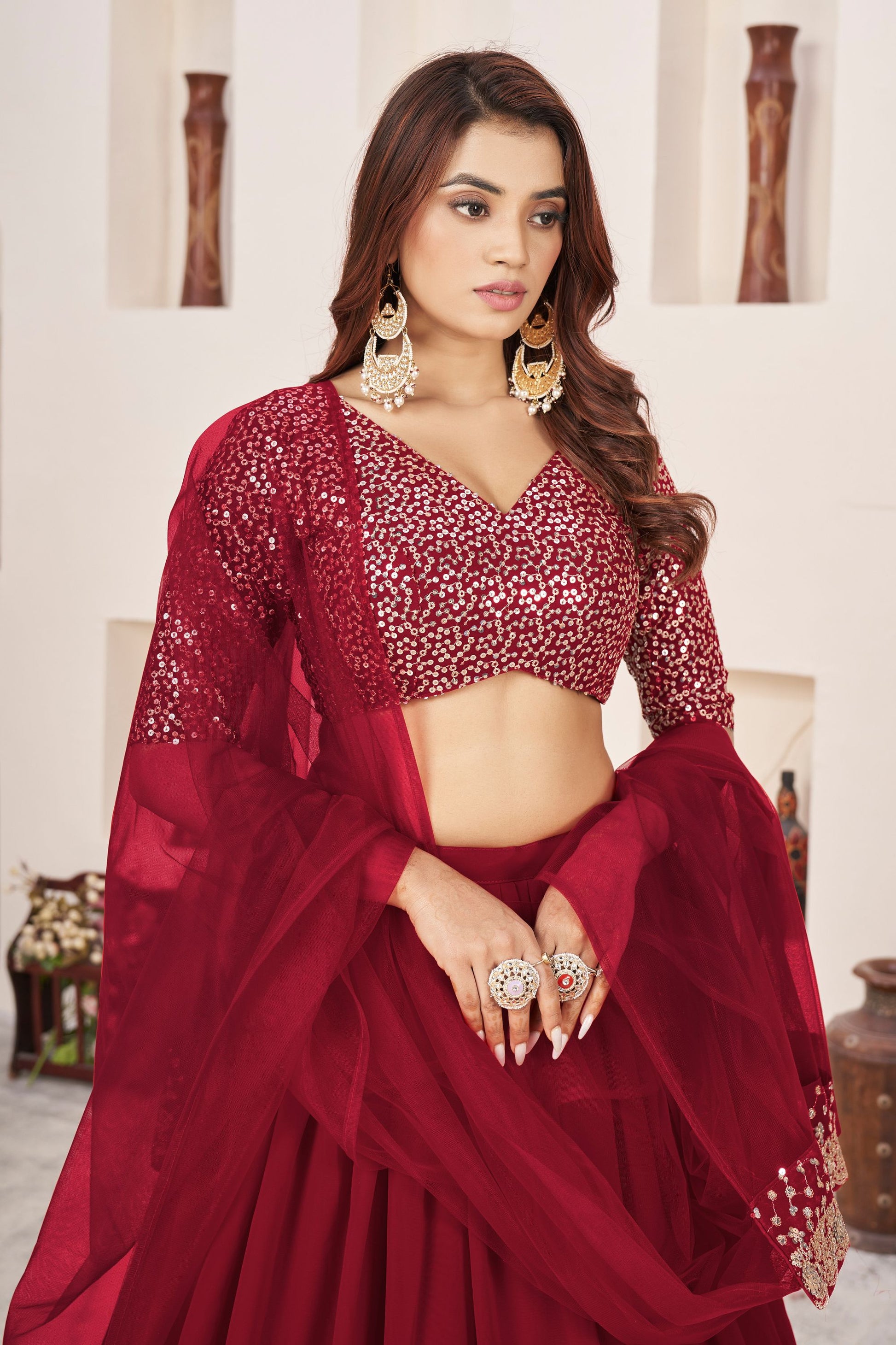 Attractive Red Colored Floral Lehenga Choli In Heavy Georgette With Designer Blouse And Net Dupatta - Marriott Fashion