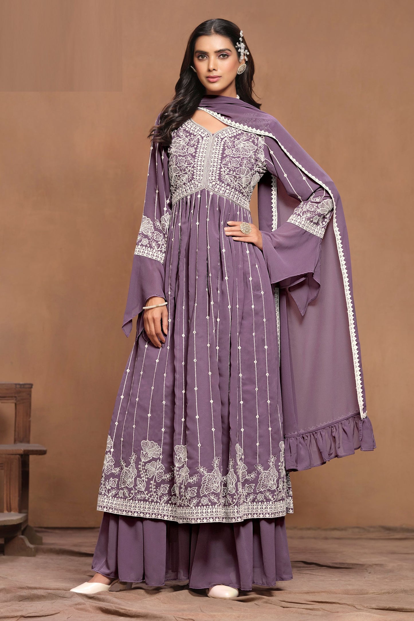 Purple Faux Georgette Embroidery Worked Wedding & Festival Wear Sharara Suits