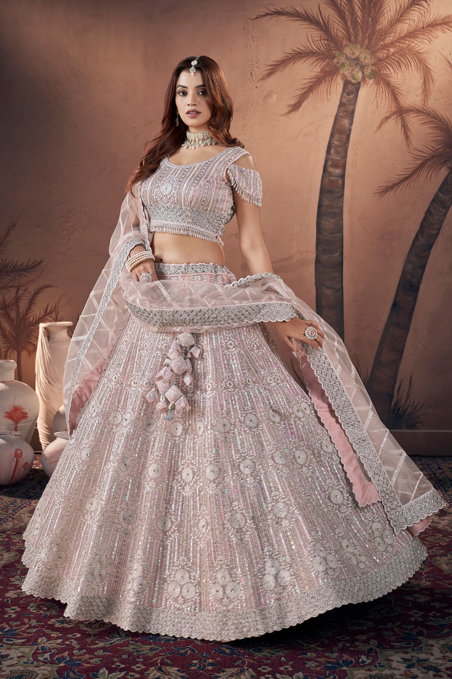 Baby Pink Colored Most Beautiful Net lehenga Choli, Diamond Worked Blouse Piece With Designer Dupatta - Marriott Fashion